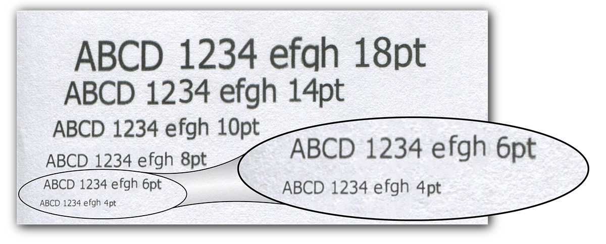 Druckbeispiel das die Qualität des gedruckten Textes bei verschiedenen Schriftgrößen zeigt